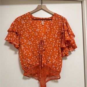 Free People | Orange Floral Ruffle Sleeve Top